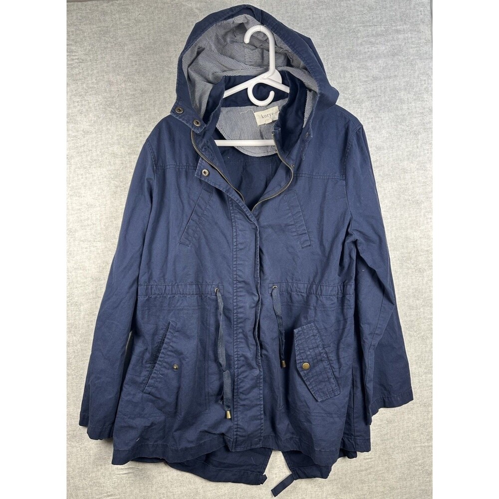 Korye Field Jacket Women Large Navy Blue Hood Utility Coat Snaps But No zipper